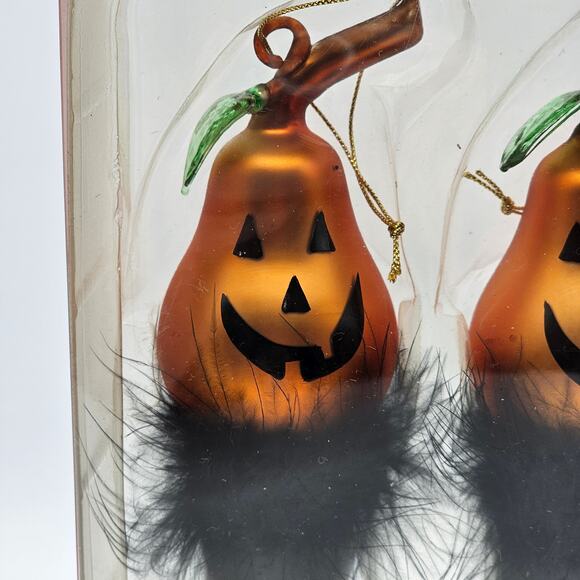 Rare Halloween Jack-o'-Lantern Glass Ornaments - Pumpkin Face & Feather Accents - Picture 3 of 6